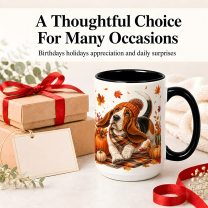 #pl[15oz|Black] Autumn Basset Hound Accent Mug, Mug with Pumpkin Fall Artwork
