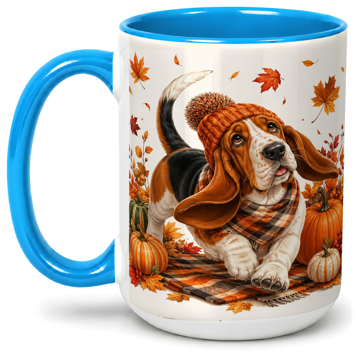 #pl[15oz|Blue] Autumn Basset Hound Accent Mug, Mug with Pumpkin Fall Artwork