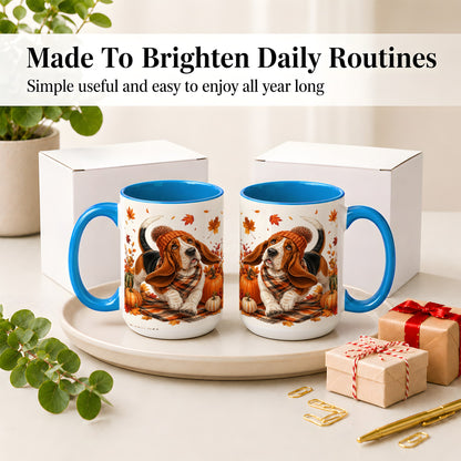 #pl[15oz|Blue] Autumn Basset Hound Accent Mug, Mug with Pumpkin Fall Artwork