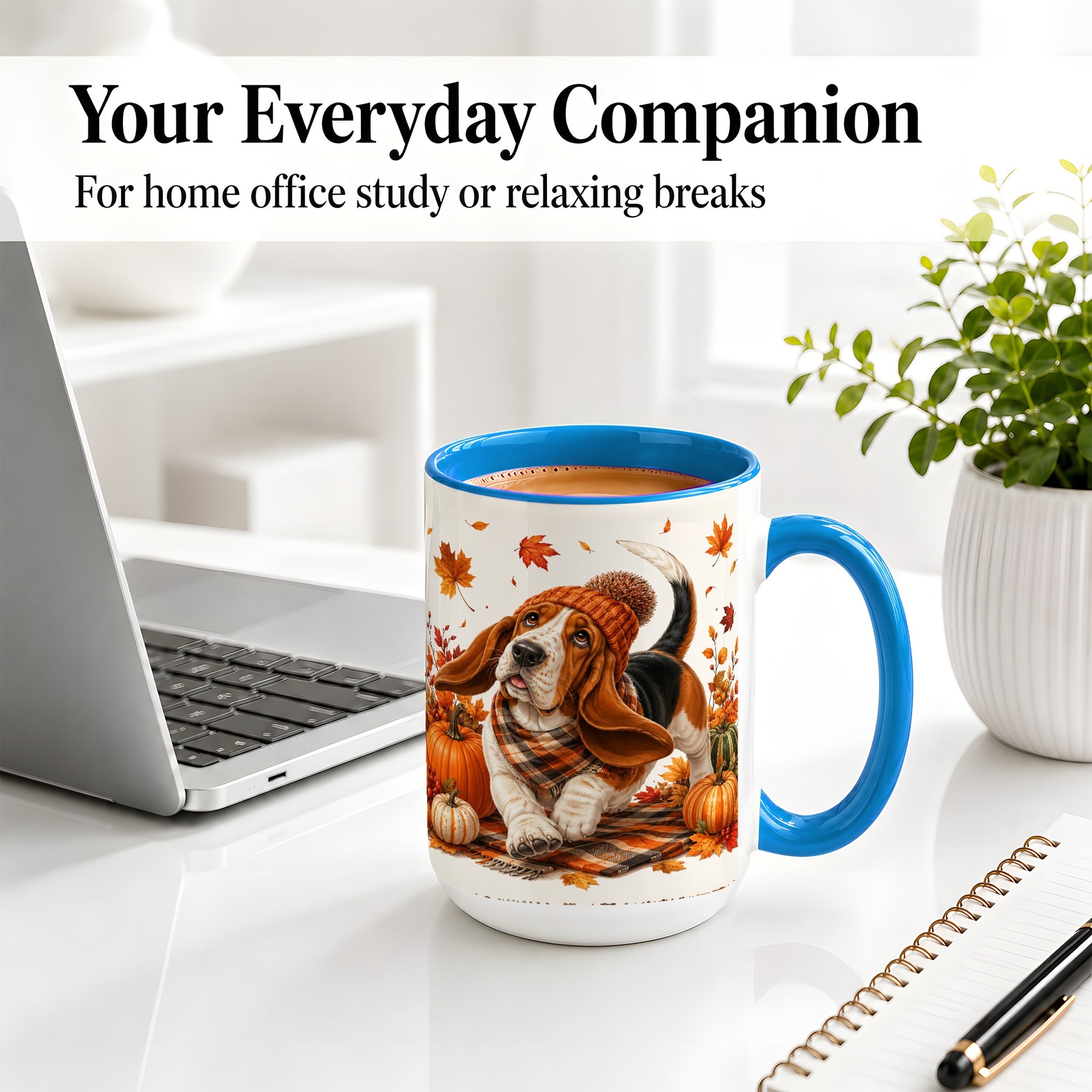 #pl[15oz|Blue] Autumn Basset Hound Accent Mug, Mug with Pumpkin Fall Artwork