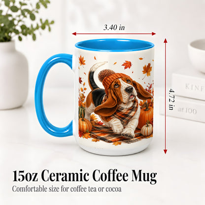 #pl[15oz|Blue] Autumn Basset Hound Accent Mug, Mug with Pumpkin Fall Artwork