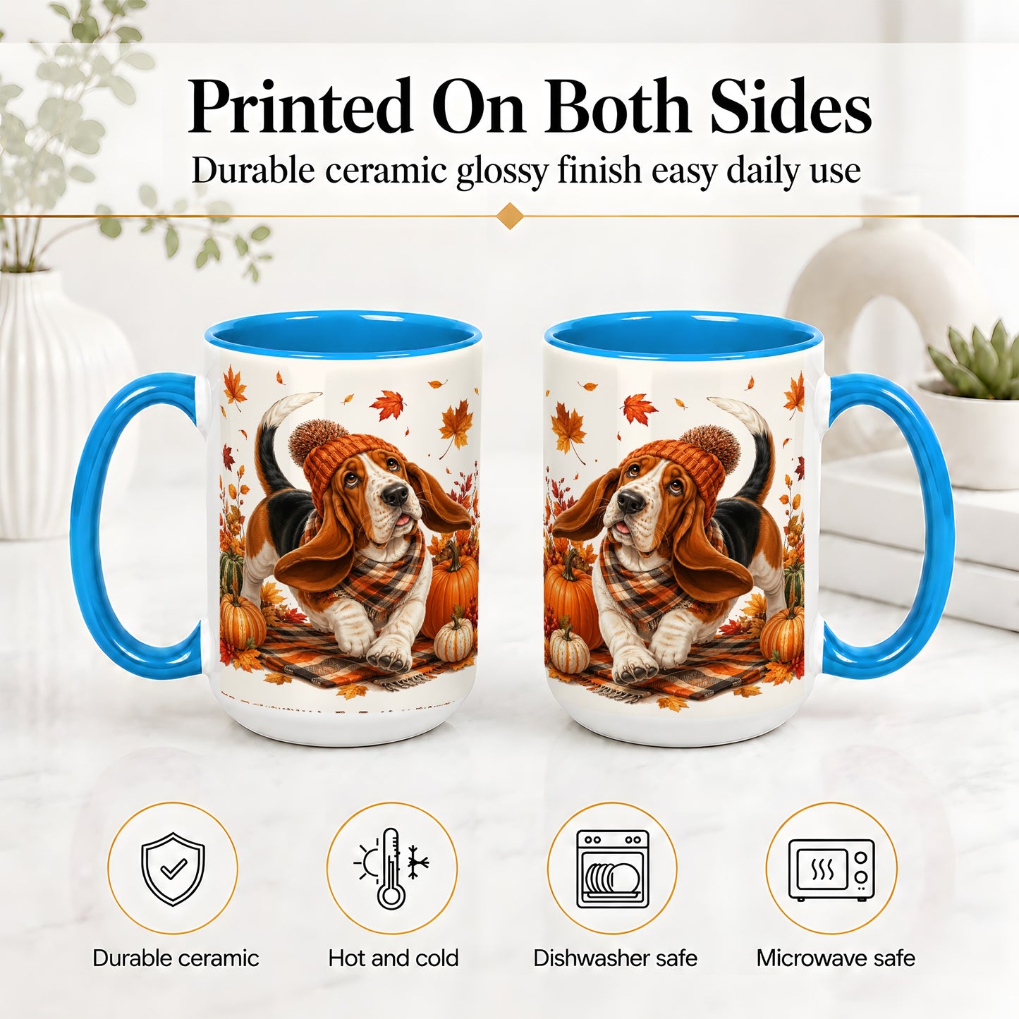 #pl[15oz|Blue] Autumn Basset Hound Accent Mug, Mug with Pumpkin Fall Artwork