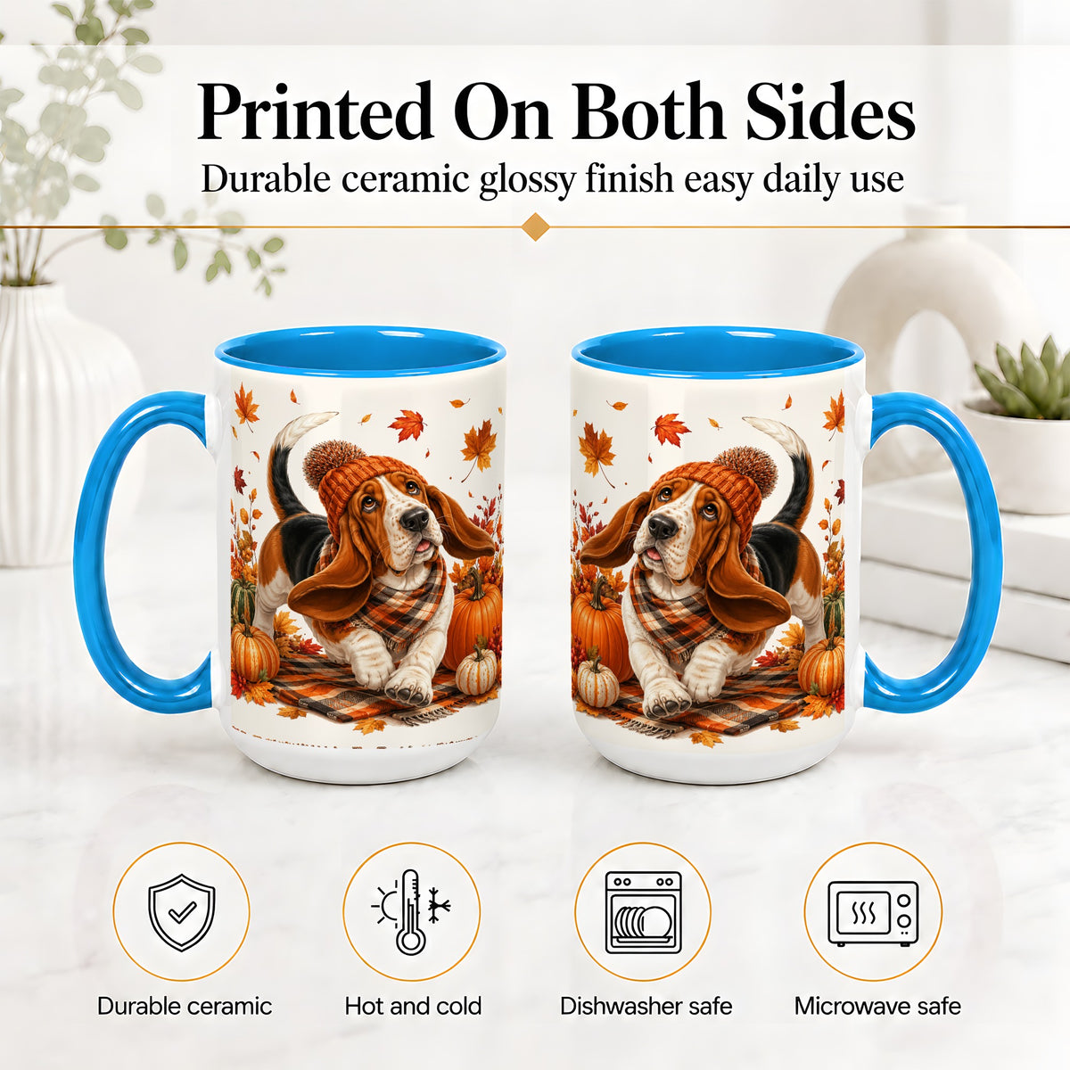 #pl[15oz|Blue] Autumn Basset Hound Accent Mug, Mug with Pumpkin Fall Artwork