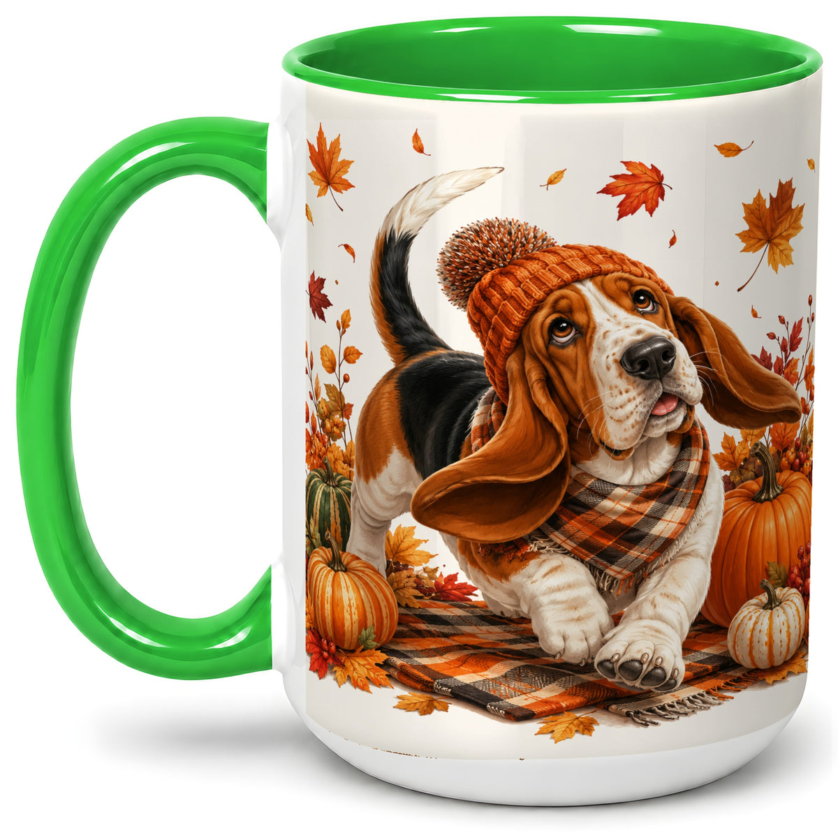 #pl[15oz|Green] Autumn Basset Hound Accent Mug, Mug with Pumpkin Fall Artwork