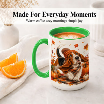 #pl[15oz|Green] Autumn Basset Hound Accent Mug, Mug with Pumpkin Fall Artwork