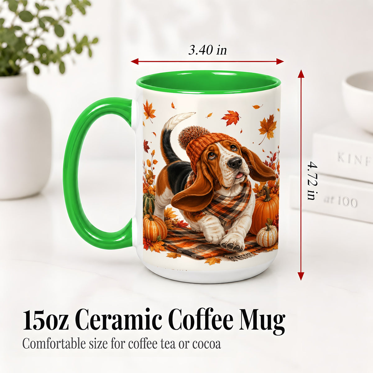 #pl[15oz|Green] Autumn Basset Hound Accent Mug, Mug with Pumpkin Fall Artwork