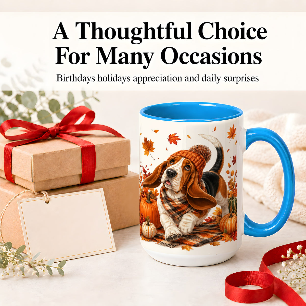 #pl[15oz|Blue] Autumn Basset Hound Accent Mug, Mug with Pumpkin Fall Artwork