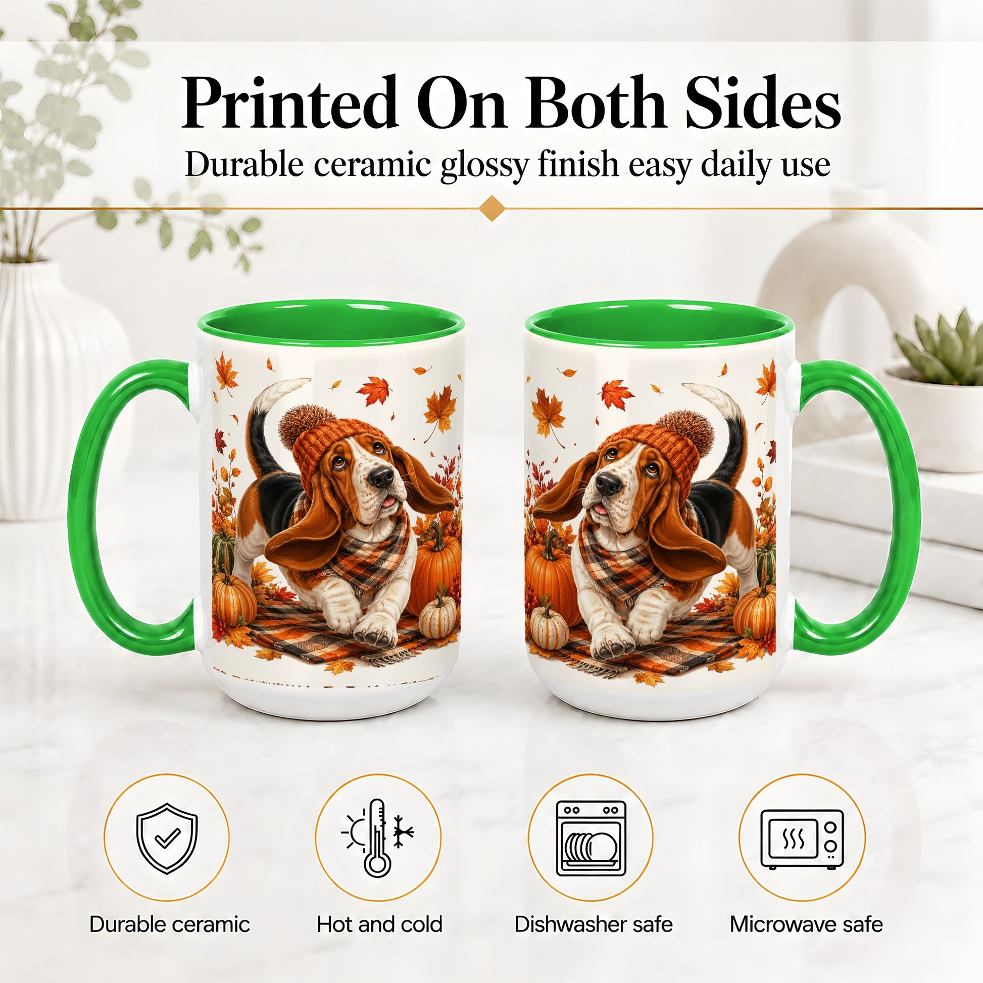 #pl[15oz|Green] Autumn Basset Hound Accent Mug, Mug with Pumpkin Fall Artwork