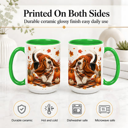 #pl[15oz|Green] Autumn Basset Hound Accent Mug, Mug with Pumpkin Fall Artwork