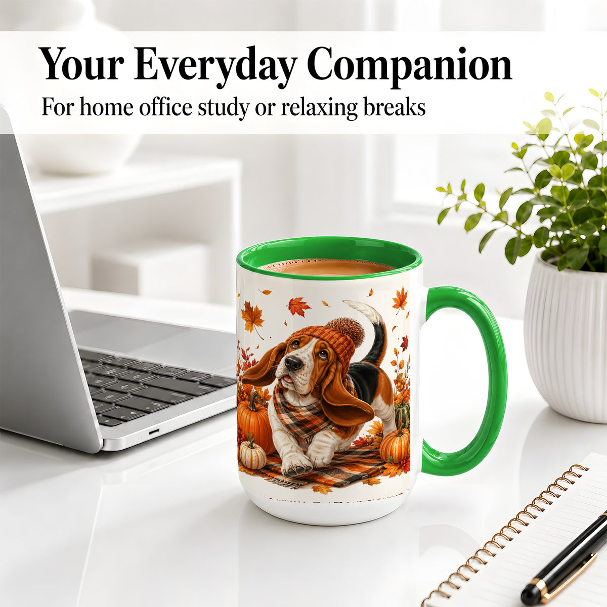 #pl[15oz|Green] Autumn Basset Hound Accent Mug, Mug with Pumpkin Fall Artwork