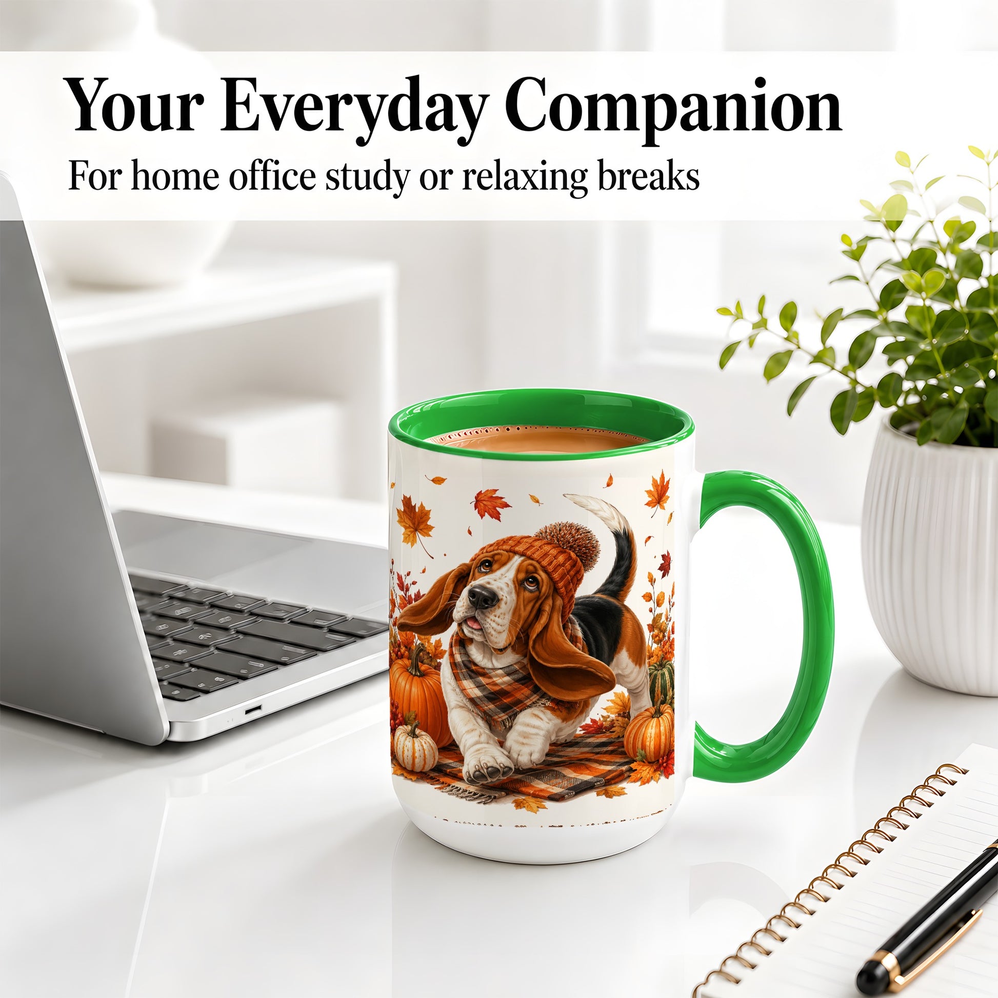#pl[15oz|Green] Autumn Basset Hound Accent Mug, Mug with Pumpkin Fall Artwork