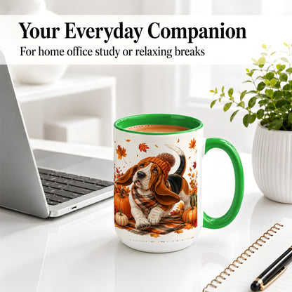 #pl[15oz|Green] Autumn Basset Hound Accent Mug, Mug with Pumpkin Fall Artwork