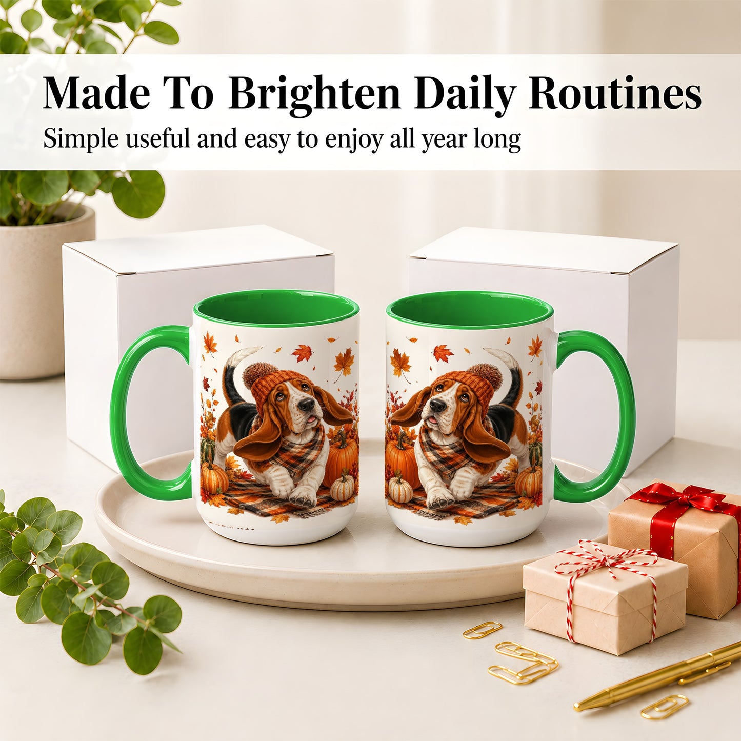 #pl[15oz|Green] Autumn Basset Hound Accent Mug, Mug with Pumpkin Fall Artwork
