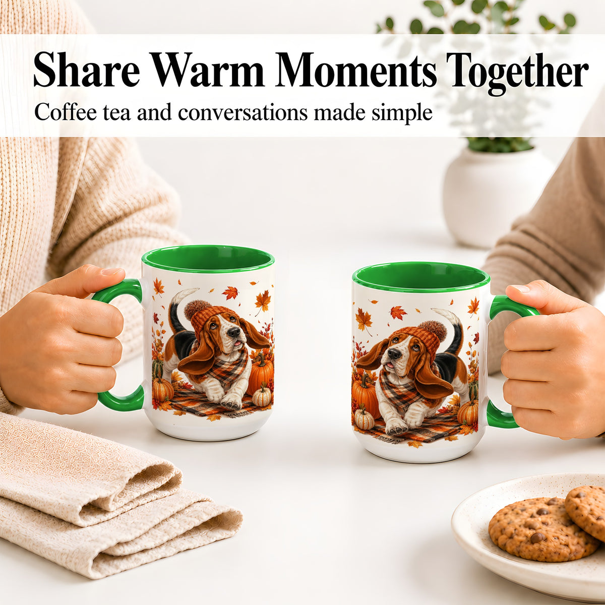 #pl[15oz|Green] Autumn Basset Hound Accent Mug, Mug with Pumpkin Fall Artwork