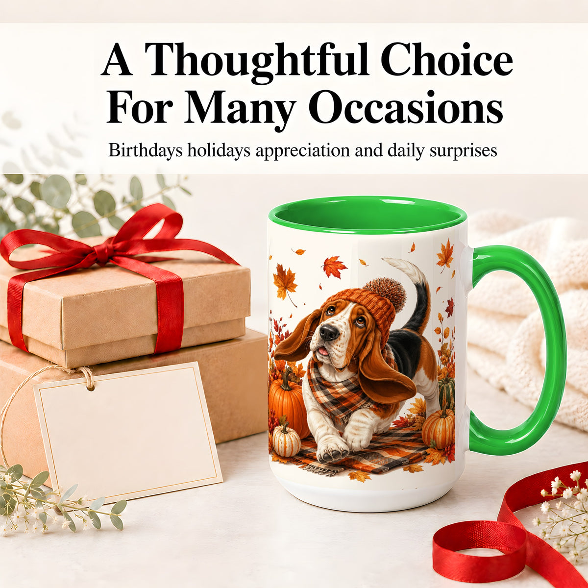 #pl[15oz|Green] Autumn Basset Hound Accent Mug, Mug with Pumpkin Fall Artwork