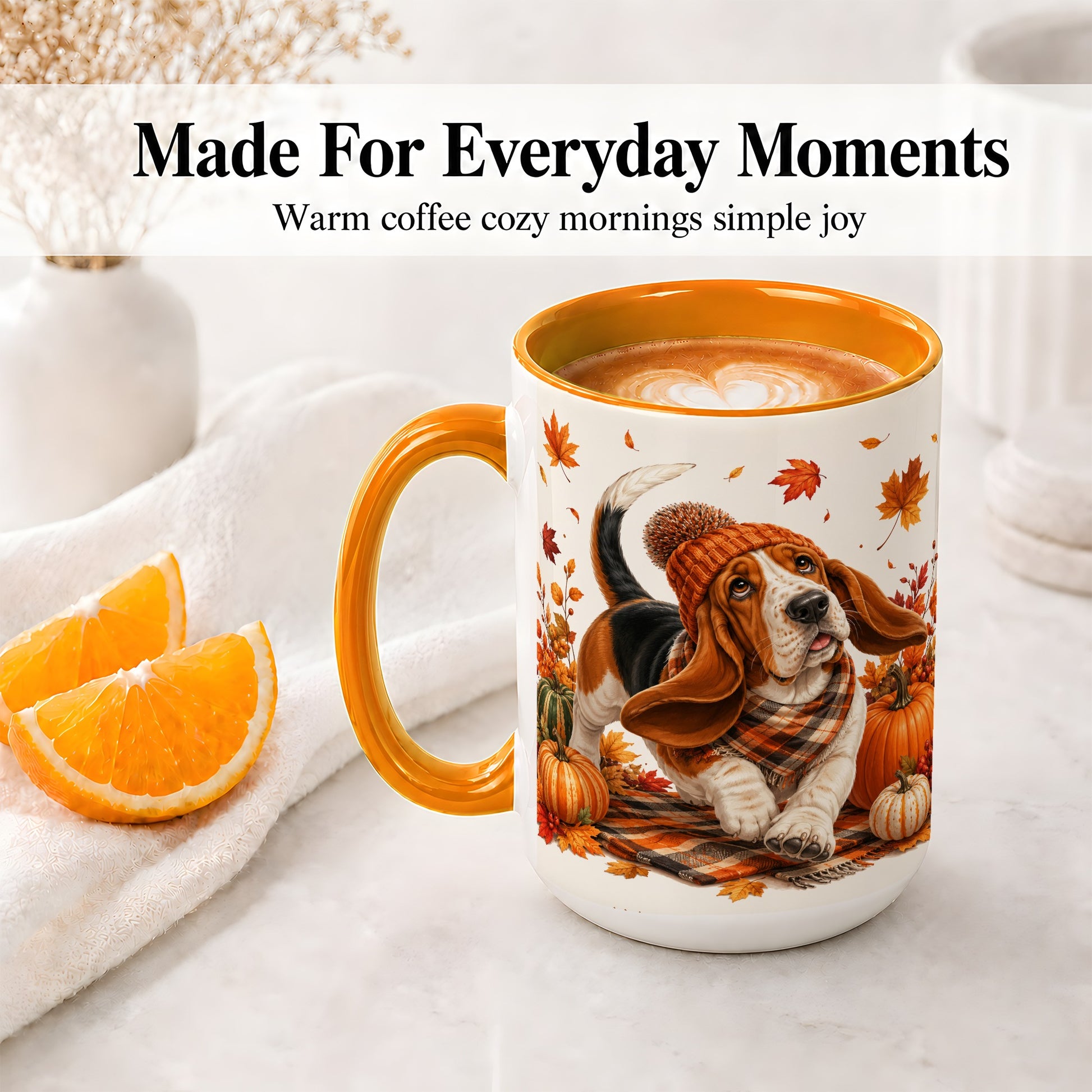 #pl[15oz|Orange] Autumn Basset Hound Accent Mug, Mug with Pumpkin Fall Artwork