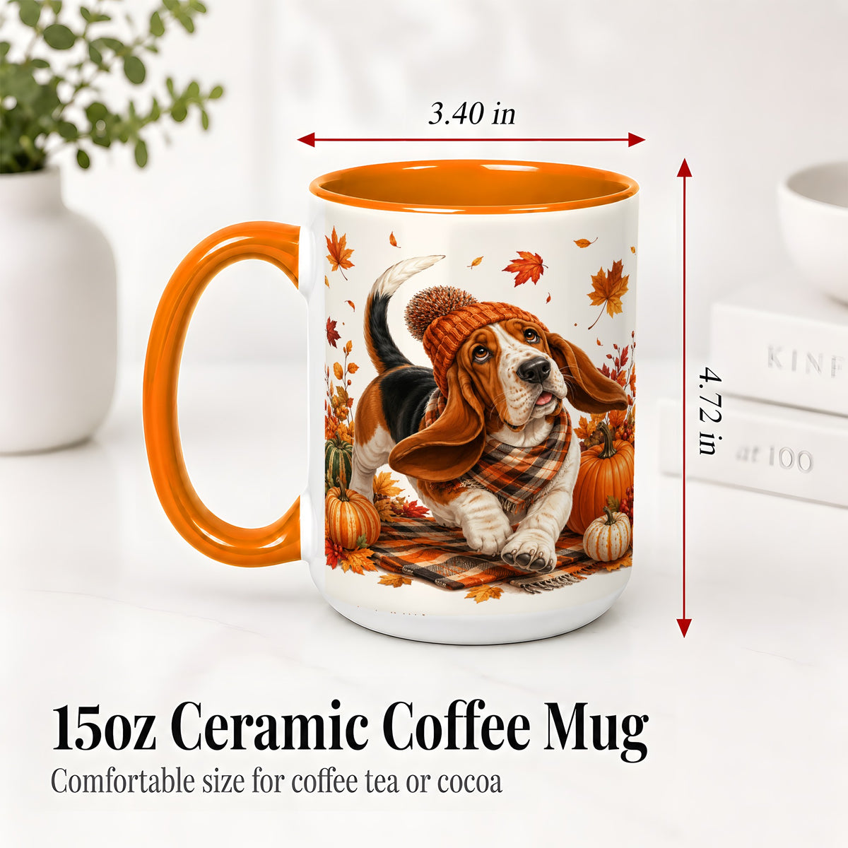 #pl[15oz|Orange] Autumn Basset Hound Accent Mug, Mug with Pumpkin Fall Artwork