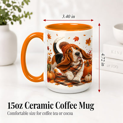 #pl[15oz|Orange] Autumn Basset Hound Accent Mug, Mug with Pumpkin Fall Artwork