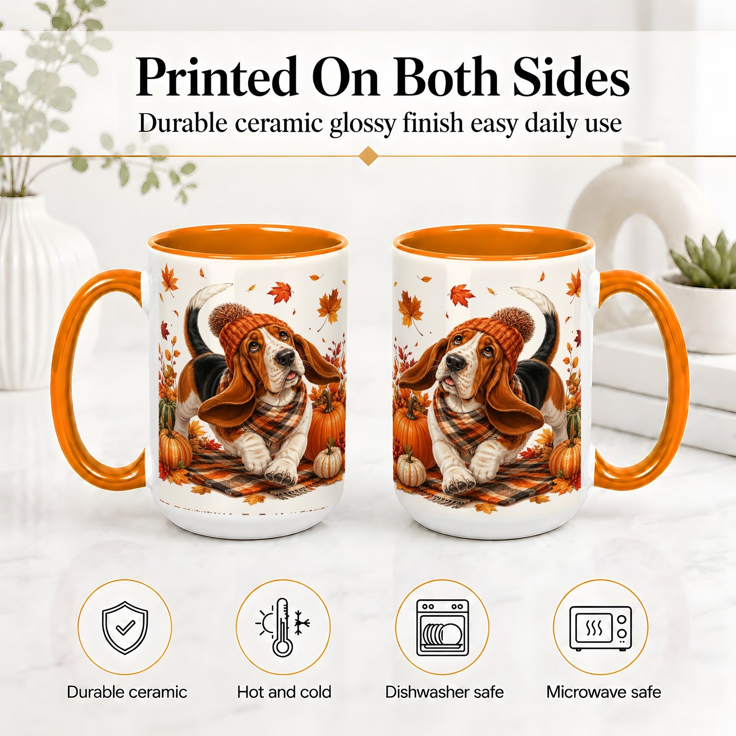 #pl[15oz|Orange] Autumn Basset Hound Accent Mug, Mug with Pumpkin Fall Artwork