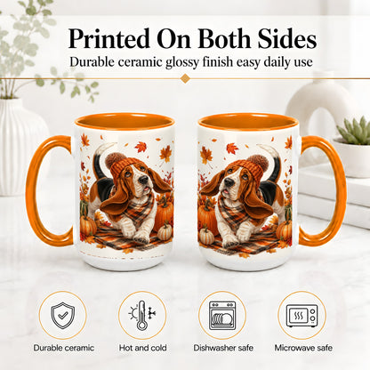 #pl[15oz|Orange] Autumn Basset Hound Accent Mug, Mug with Pumpkin Fall Artwork