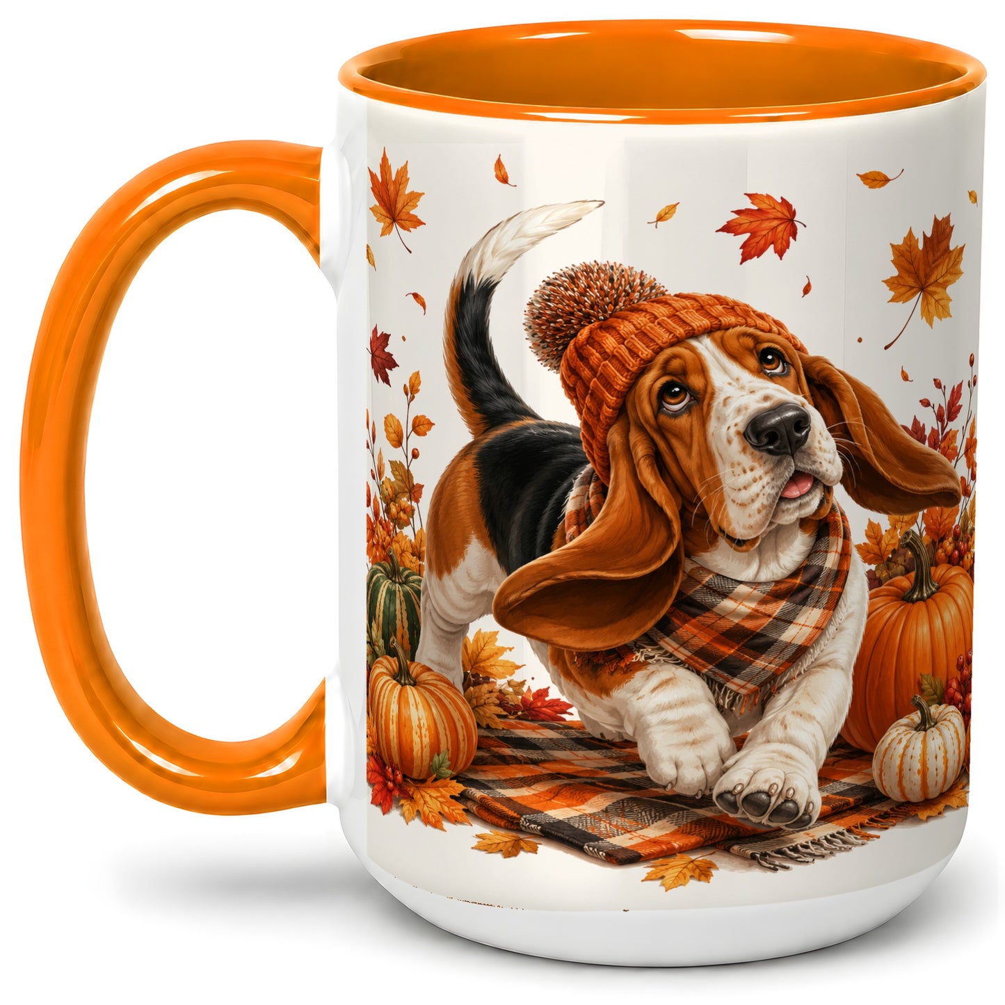 #pl[15oz|Orange] Autumn Basset Hound Accent Mug, Mug with Pumpkin Fall Artwork
