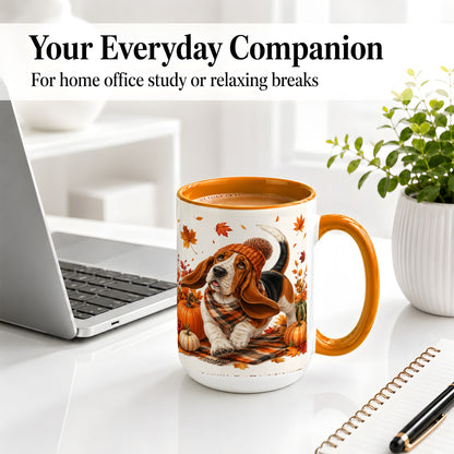 #pl[15oz|Orange] Autumn Basset Hound Accent Mug, Mug with Pumpkin Fall Artwork