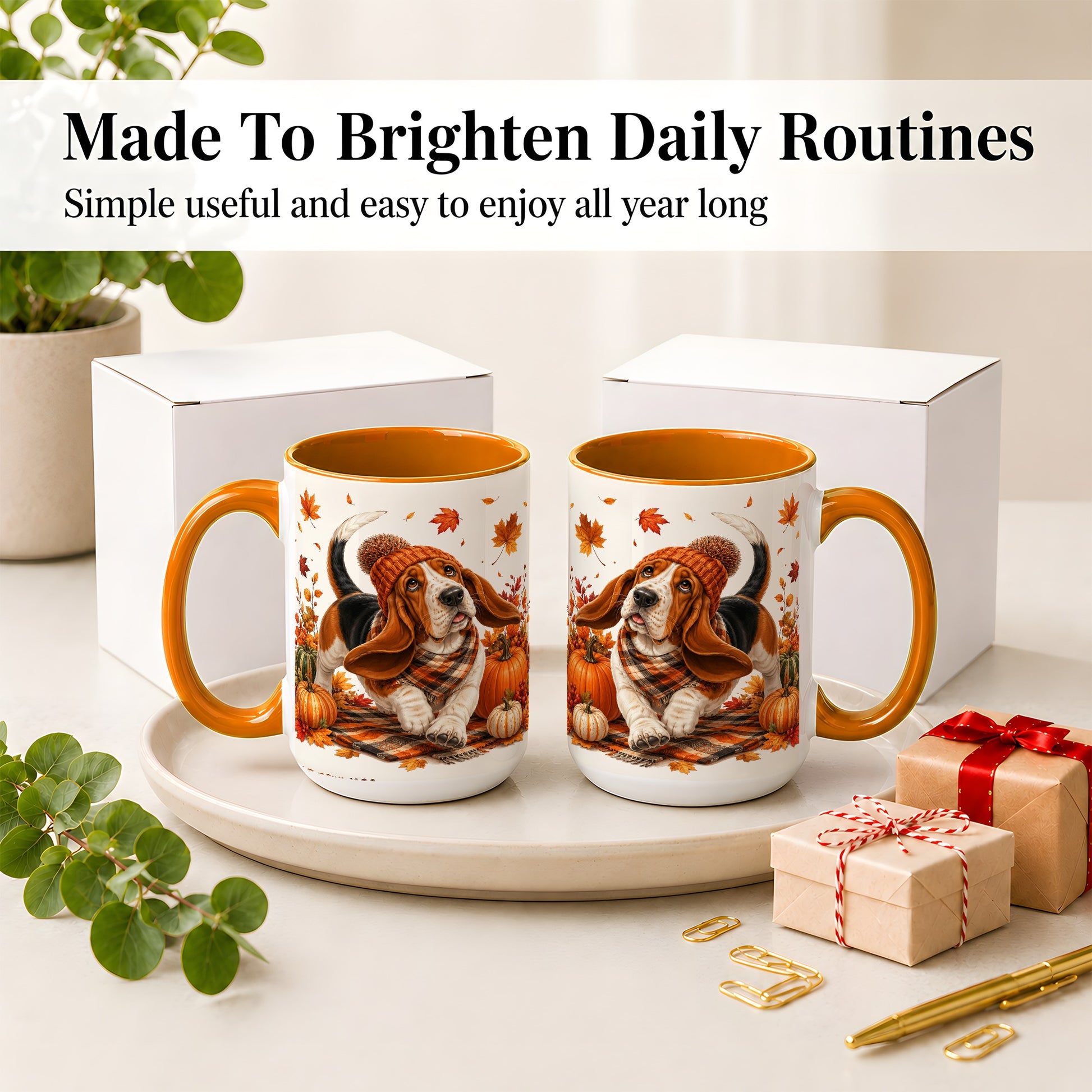#pl[15oz|Orange] Autumn Basset Hound Accent Mug, Mug with Pumpkin Fall Artwork