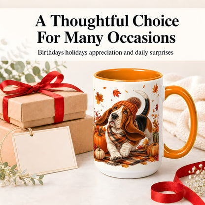#pl[15oz|Orange] Autumn Basset Hound Accent Mug, Mug with Pumpkin Fall Artwork