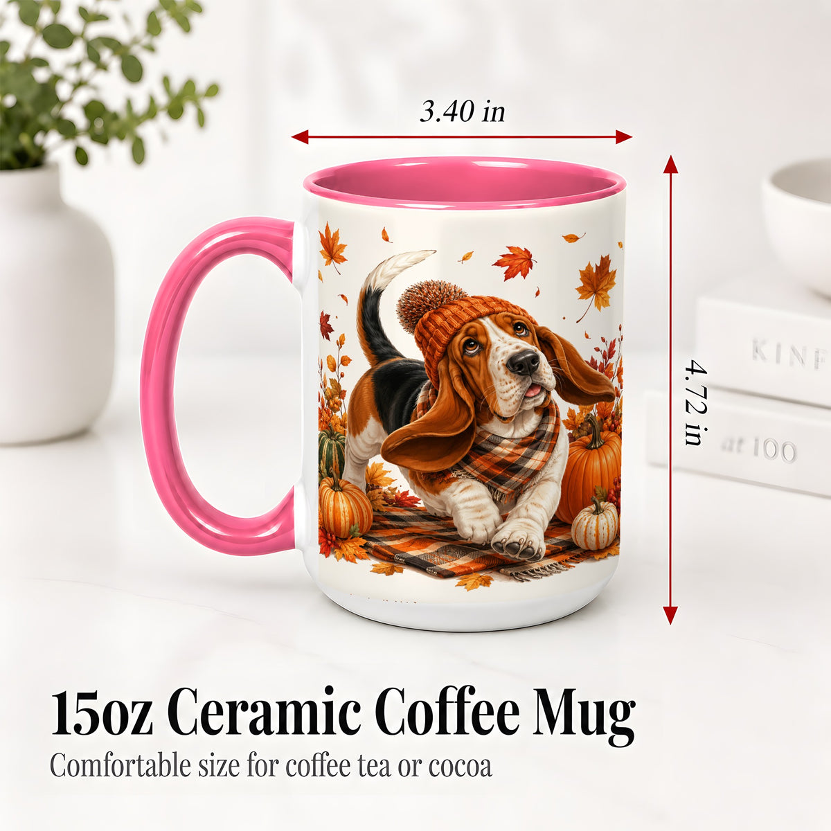 #pl[15oz|Pink] Autumn Basset Hound Accent Mug, Mug with Pumpkin Fall Artwork