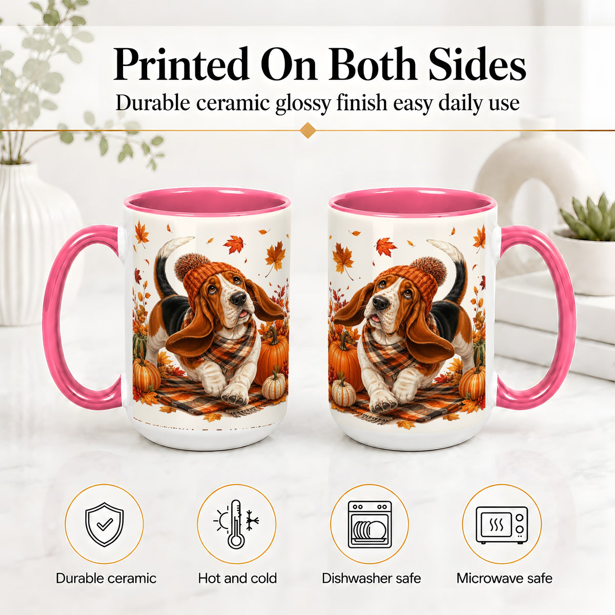 #pl[15oz|Pink] Autumn Basset Hound Accent Mug, Mug with Pumpkin Fall Artwork