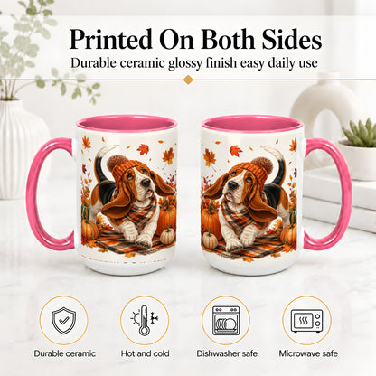 #pl[15oz|Pink] Autumn Basset Hound Accent Mug, Mug with Pumpkin Fall Artwork