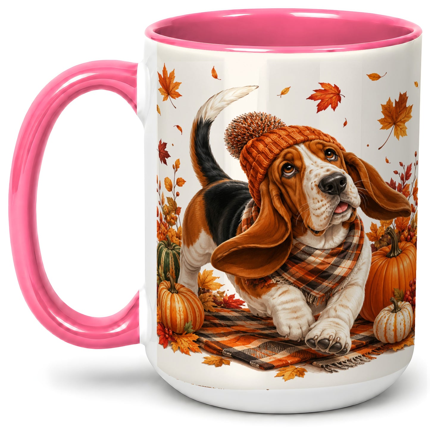 #pl[15oz|Pink] Autumn Basset Hound Accent Mug, Mug with Pumpkin Fall Artwork