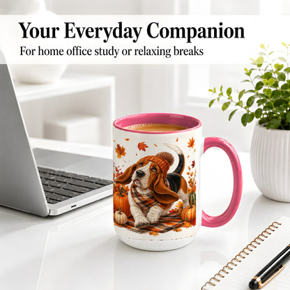 #pl[15oz|Pink] Autumn Basset Hound Accent Mug, Mug with Pumpkin Fall Artwork
