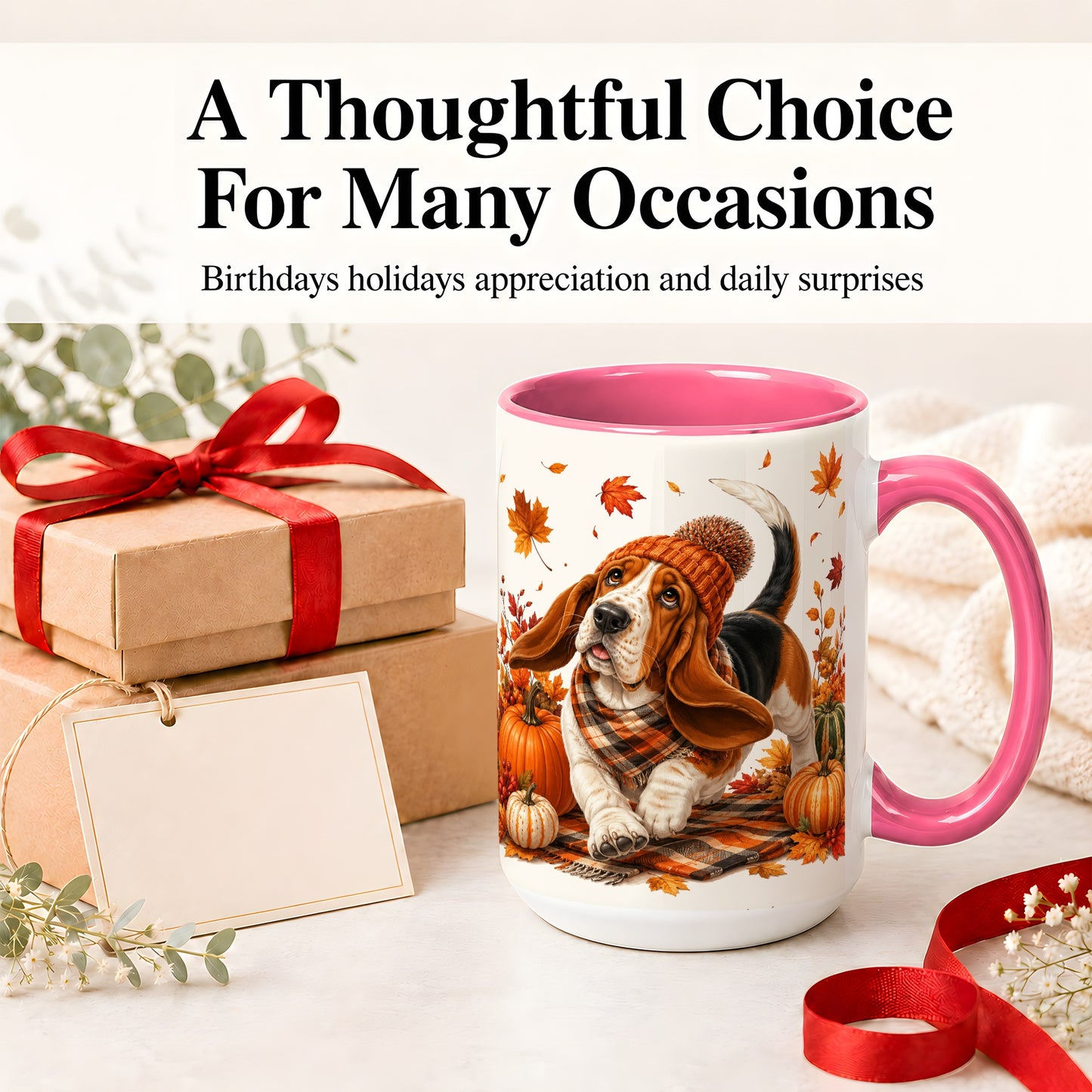 #pl[15oz|Pink] Autumn Basset Hound Accent Mug, Mug with Pumpkin Fall Artwork