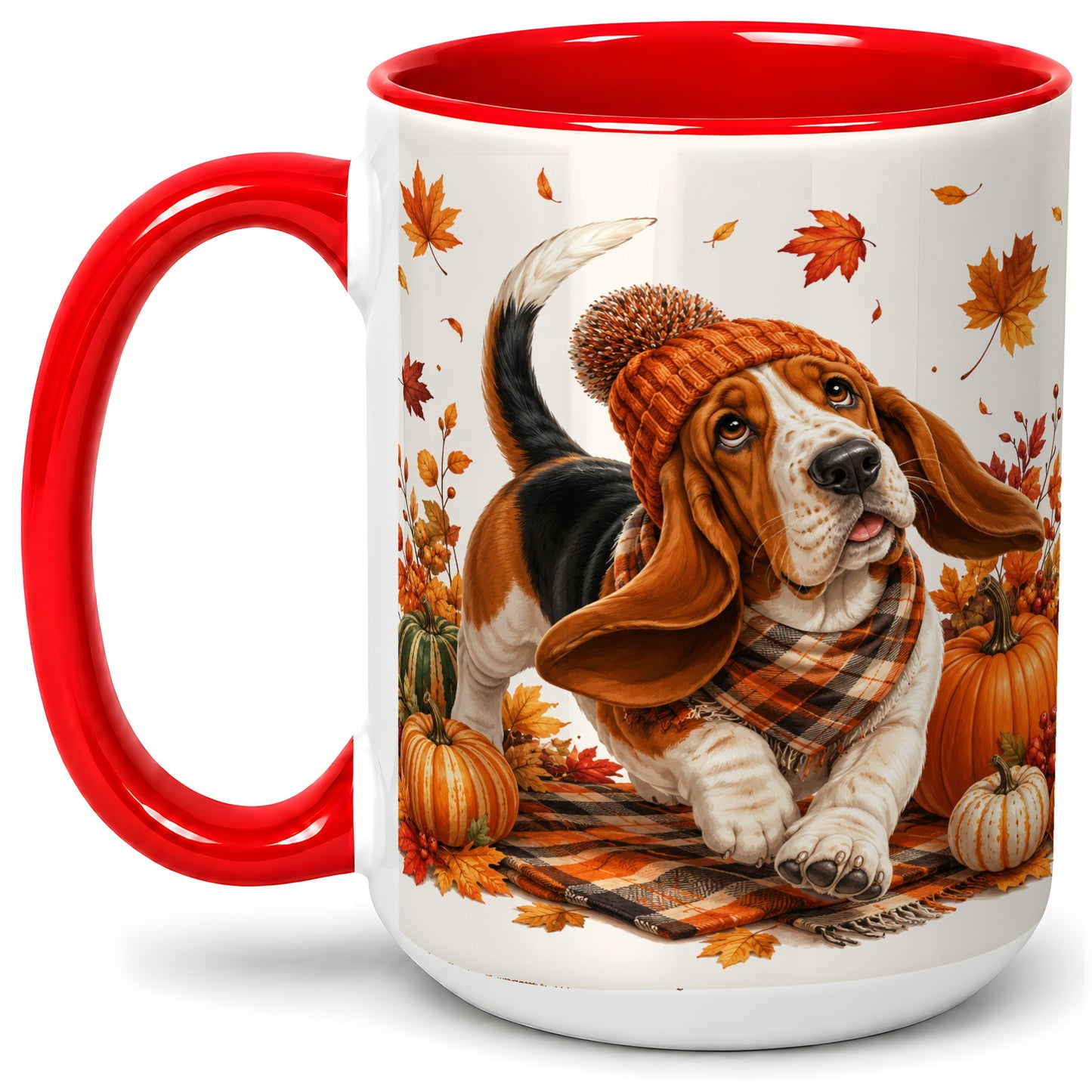 #pl[15oz|Red] Autumn Basset Hound Accent Mug, Mug with Pumpkin Fall Artwork