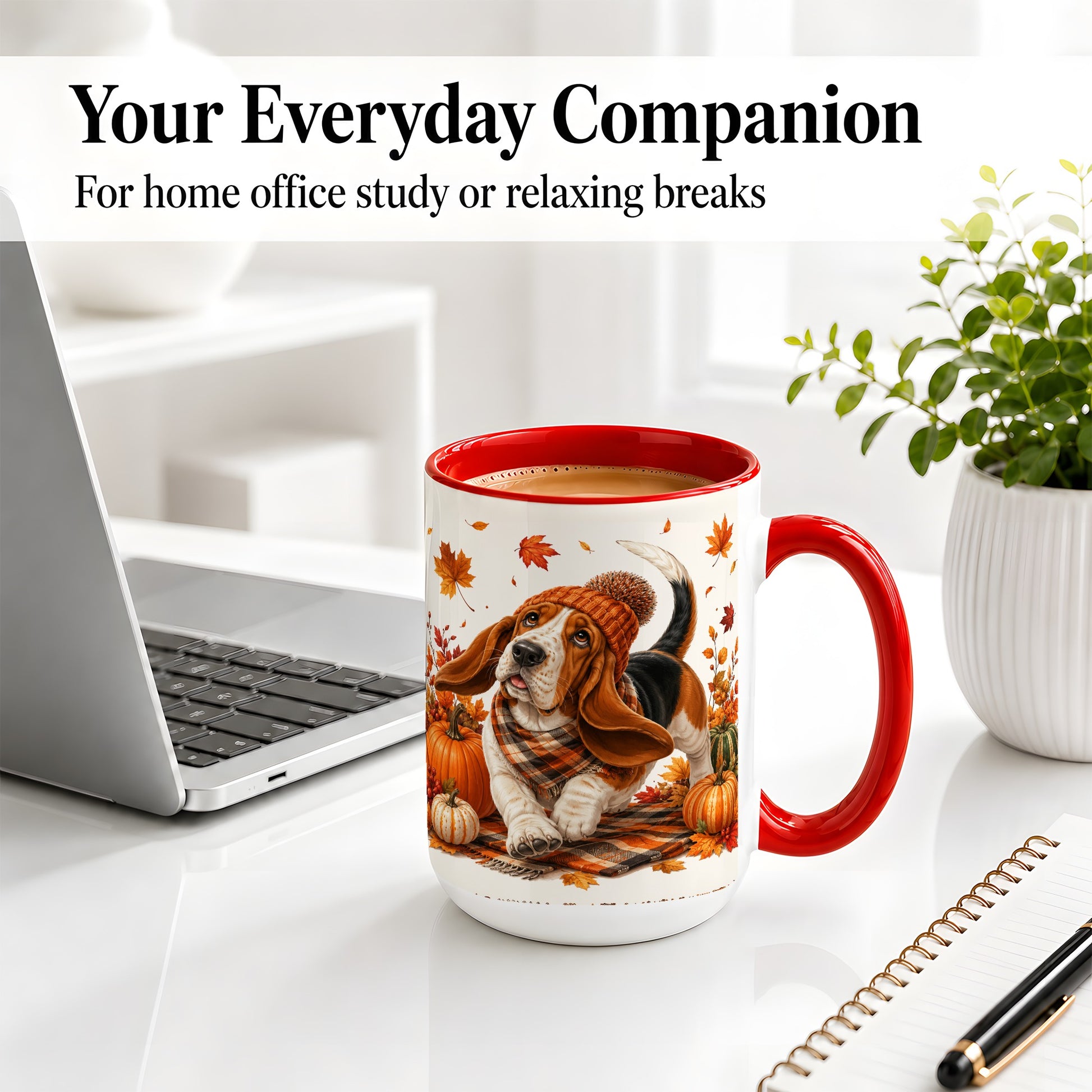 #pl[15oz|Red] Autumn Basset Hound Accent Mug, Mug with Pumpkin Fall Artwork