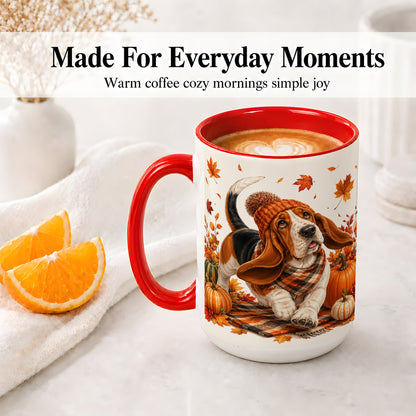 #pl[15oz|Red] Autumn Basset Hound Accent Mug, Mug with Pumpkin Fall Artwork