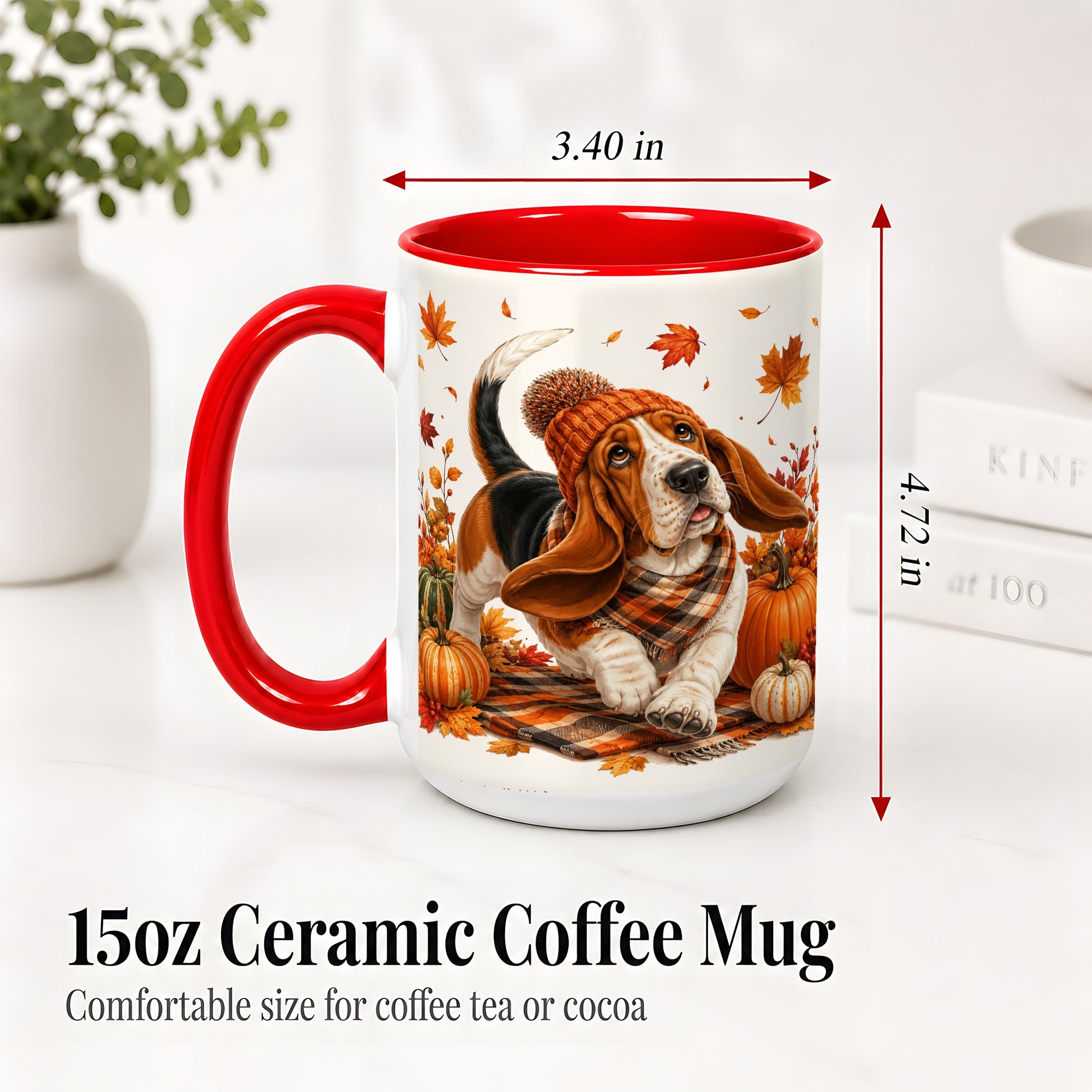 #pl[15oz|Red] Autumn Basset Hound Accent Mug, Mug with Pumpkin Fall Artwork