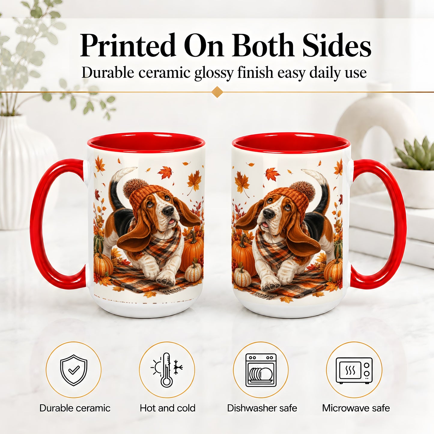 #pl[15oz|Red] Autumn Basset Hound Accent Mug, Mug with Pumpkin Fall Artwork