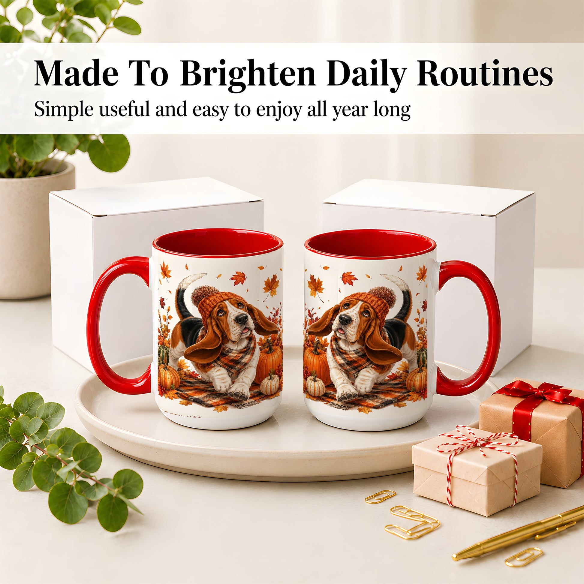 #pl[15oz|Red] Autumn Basset Hound Accent Mug, Mug with Pumpkin Fall Artwork