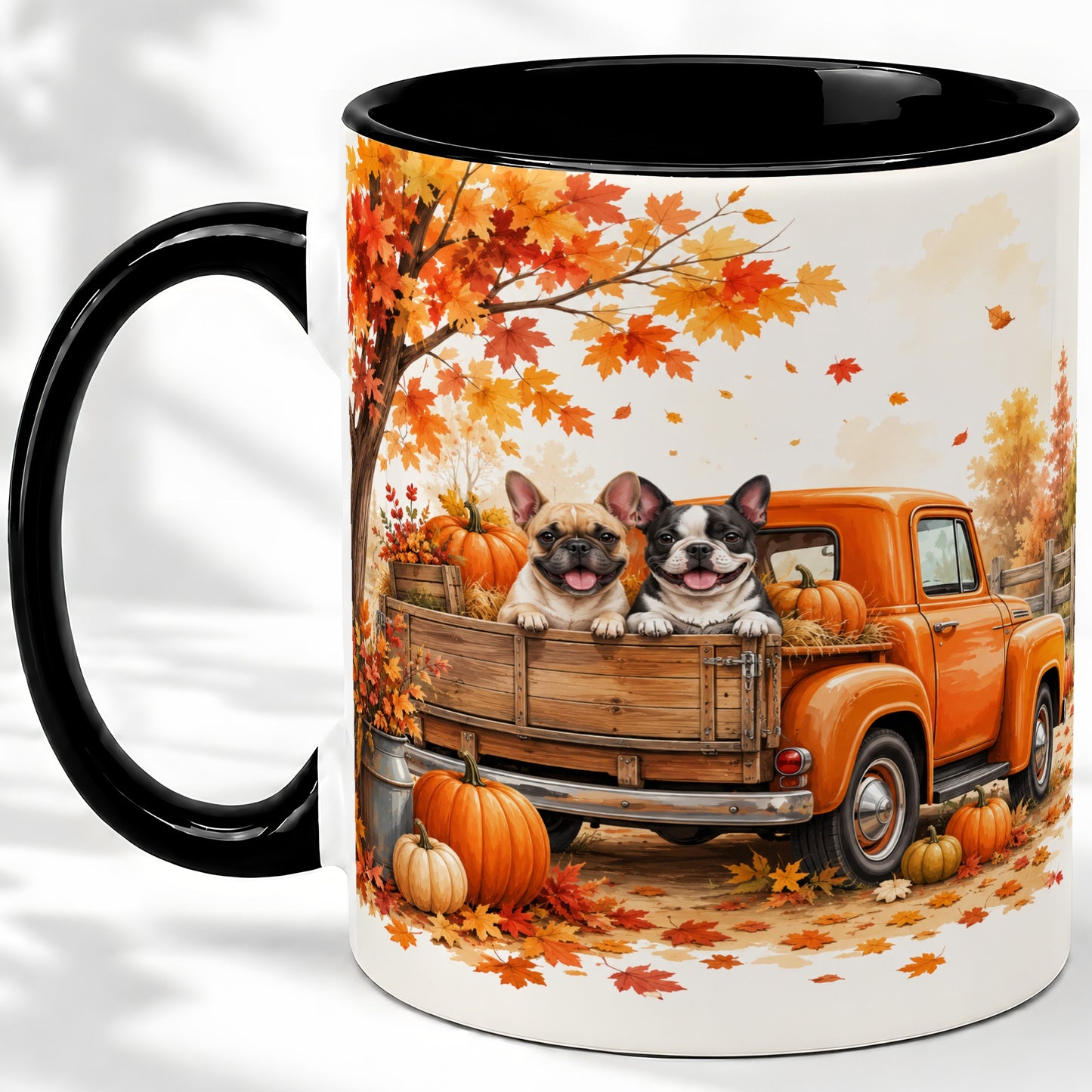 #pl[11oz|Black] Autumn Dogs Pickup Truck Accent Mug, Mug with Pumpkin Artwork