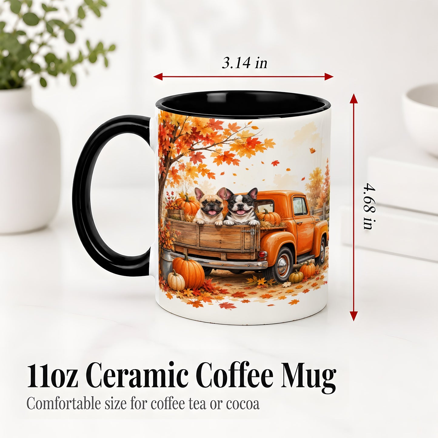 #pl[11oz|Black] Autumn Dogs Pickup Truck Accent Mug, Mug with Pumpkin Artwork