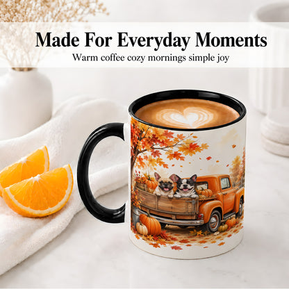 #pl[11oz|Black] Autumn Dogs Pickup Truck Accent Mug, Mug with Pumpkin Artwork