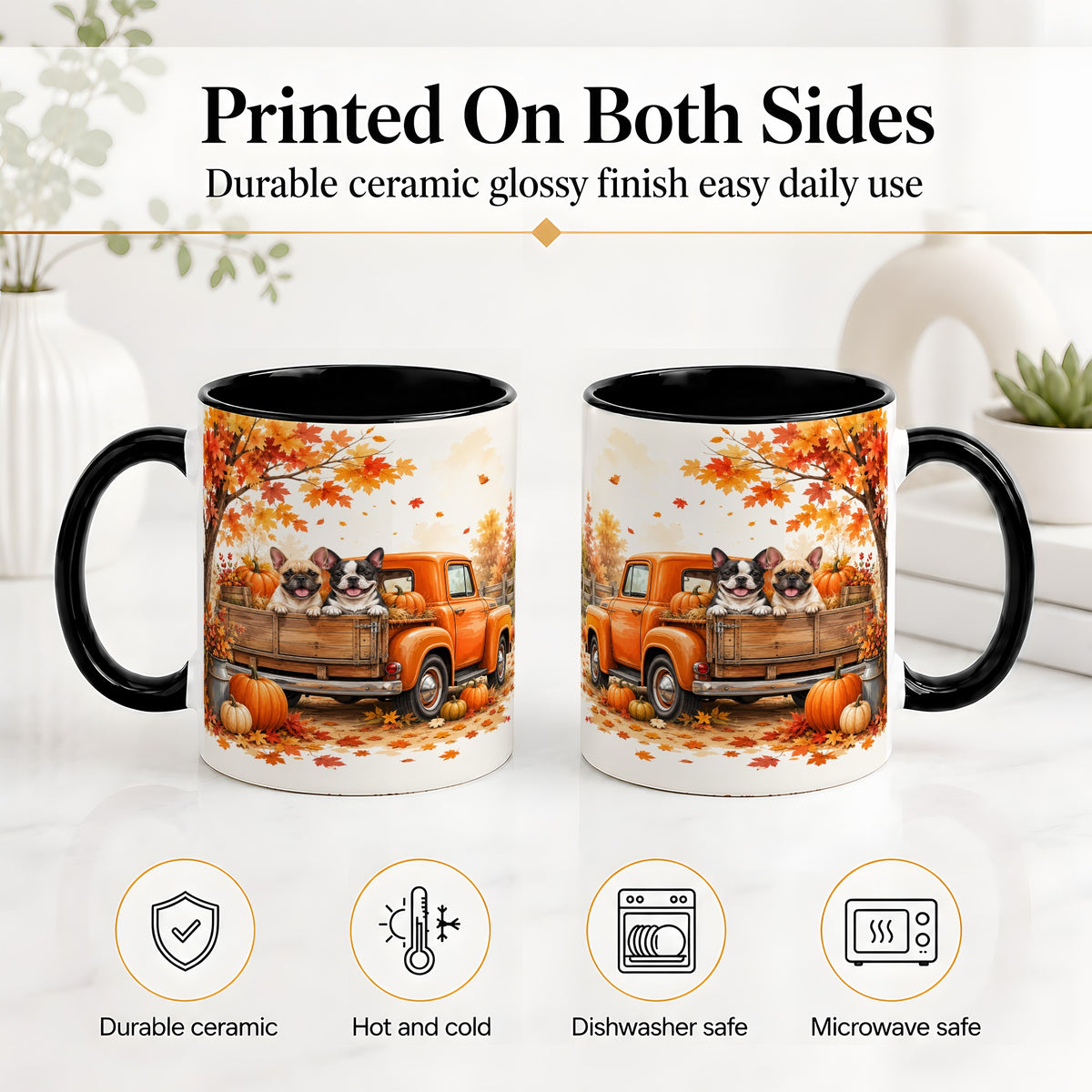 #pl[11oz|Black] Autumn Dogs Pickup Truck Accent Mug, Mug with Pumpkin Artwork