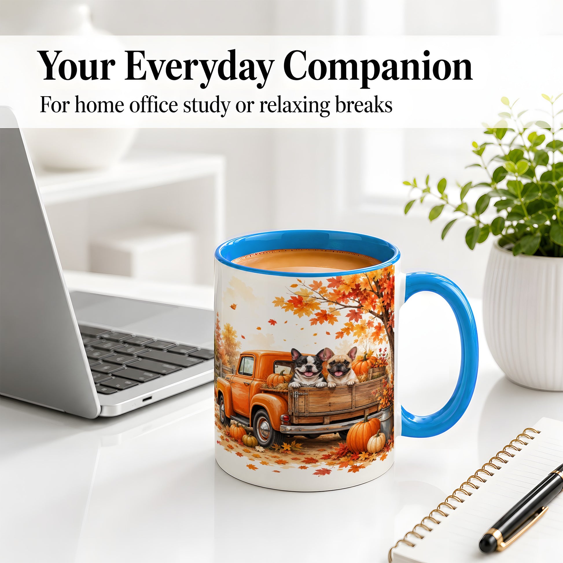 #pl[11oz|Blue] Autumn Dogs Pickup Truck Accent Mug, Mug with Pumpkin Artwork