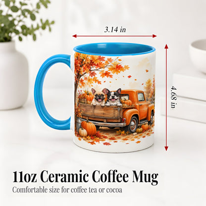 #pl[11oz|Blue] Autumn Dogs Pickup Truck Accent Mug, Mug with Pumpkin Artwork