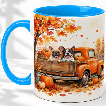 #pl[11oz|Blue] Autumn Dogs Pickup Truck Accent Mug, Mug with Pumpkin Artwork