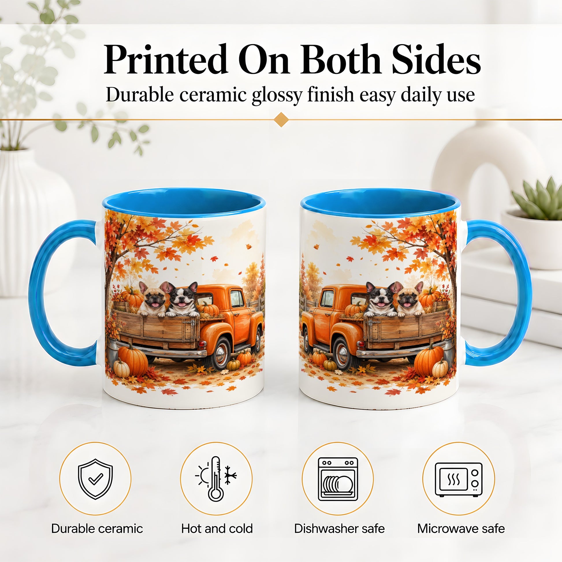 #pl[11oz|Blue] Autumn Dogs Pickup Truck Accent Mug, Mug with Pumpkin Artwork