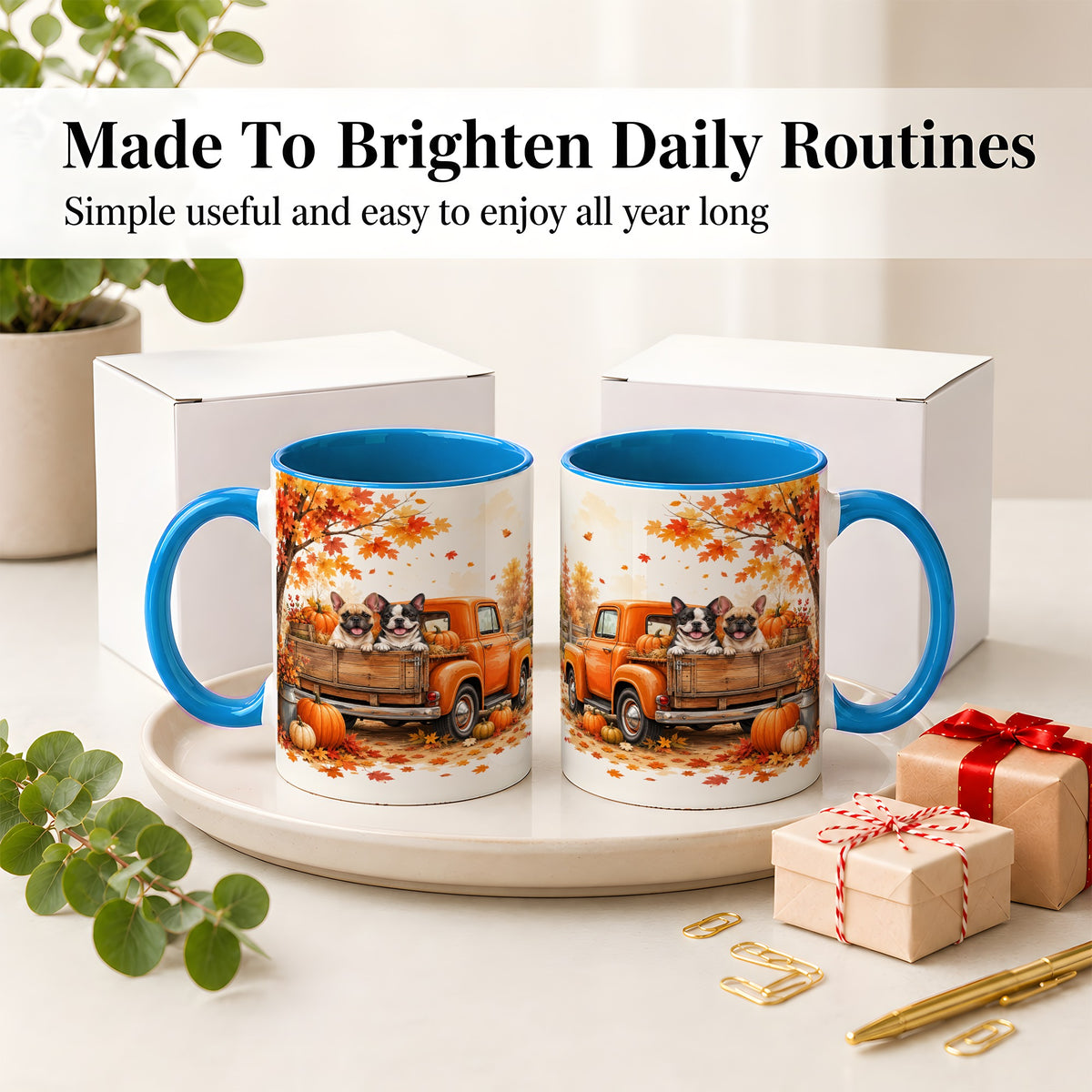 #pl[11oz|Blue] Autumn Dogs Pickup Truck Accent Mug, Mug with Pumpkin Artwork