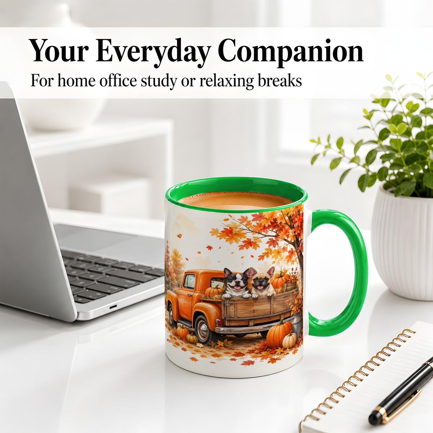 #pl[11oz|Green] Autumn Dogs Pickup Truck Accent Mug, Mug with Pumpkin Artwork